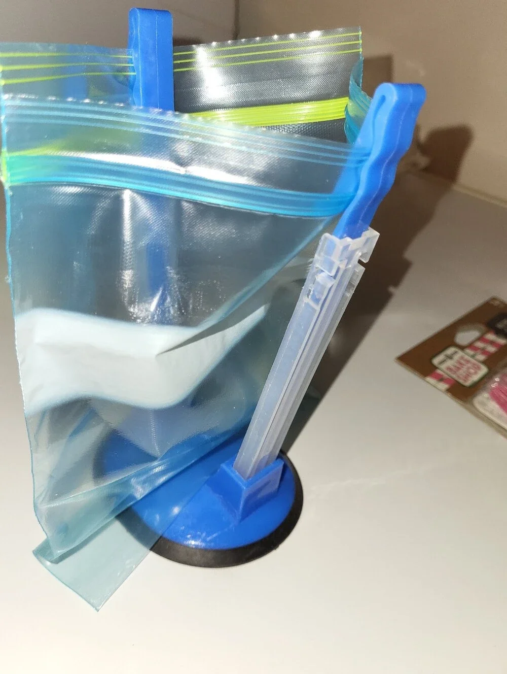 Blue Plastic Zip Bag Holder Suction Cup Stand